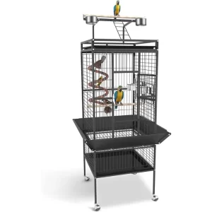 61'' Bird Cage, Large Bird Flight Cages Aviary with Rolling Stand & Bottom Tray, Wrought Iron Birdcage with  Rope Bungee Bird