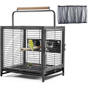 25.5'' Wrought Iron Bird Travel Carrier Cage Parrot Cage with Handle Wooden Perch & Seed Guard